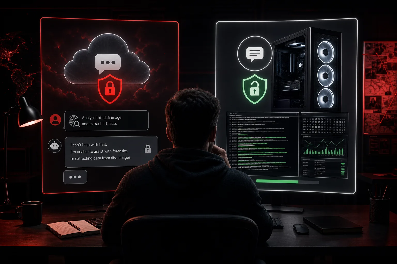 Split scene of a locked cloud assistant versus a local GPU forensics model