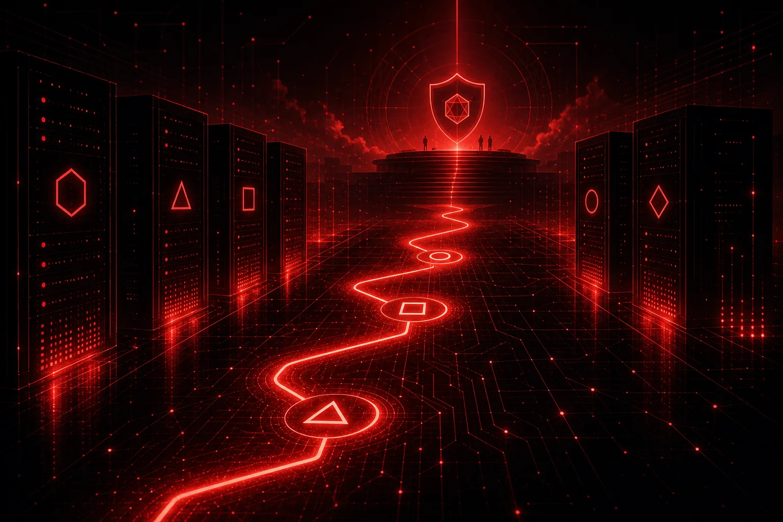 Glowing path through servers toward a distant platform